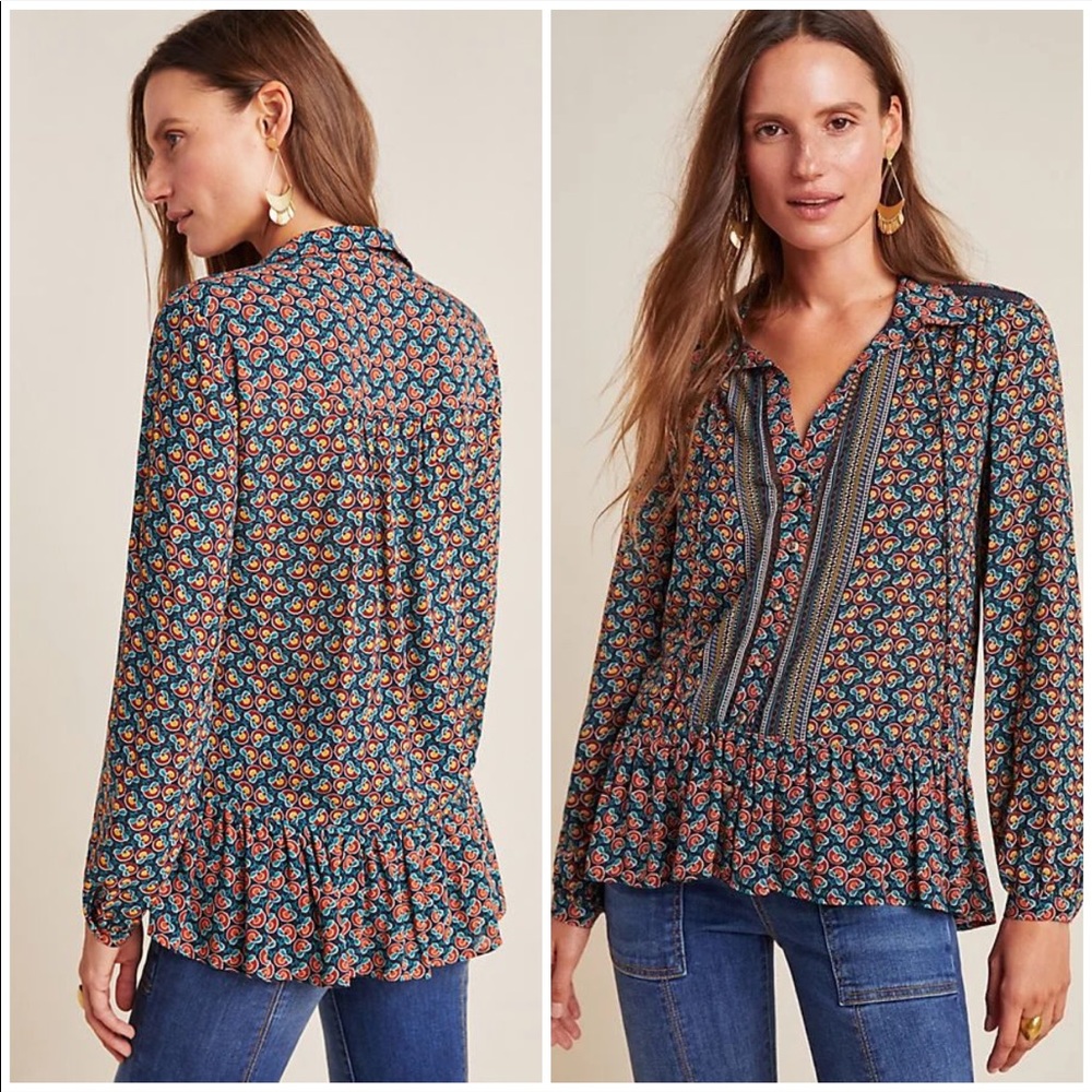 Anthropologie Navy Multi Floral Peasant Blouse